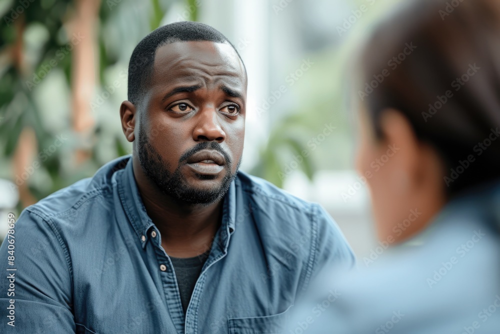 A man in a blue shirt is having a conversation with a woman, possibly discussing something serious or casual A man in a blue shirt is having a conversation with a woman, possibly discussing something serious or casual