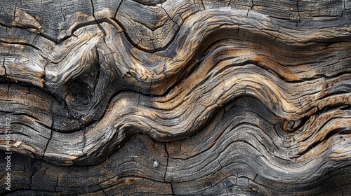 A closeup of rough hewn wood with layers of peeling bark and knotted swirls creating a rugged and natural feel photo