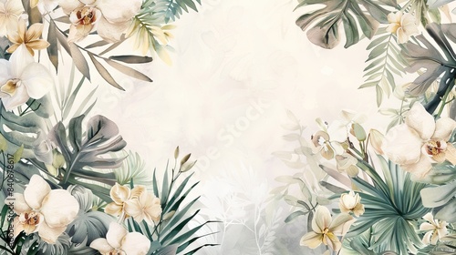 Illustration of tropical wallpaper print design with palm banana leaves and birds on canvas texture. Tropical plants and birds on textured background. AI generated illustration