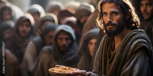 Jesus compassion shown through providing bread to the poor is a timeless gesture. Concept Compassion, Jesus, Bread, Poor, Timeless Gesture photo
