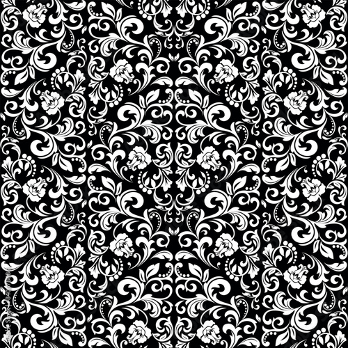 Wallpaper in the style of Baroque. Seamless vector background. White and black floral ornament. Graphic pattern for fabric, wallpaper, packaging. Ornate Damask flower ornament.