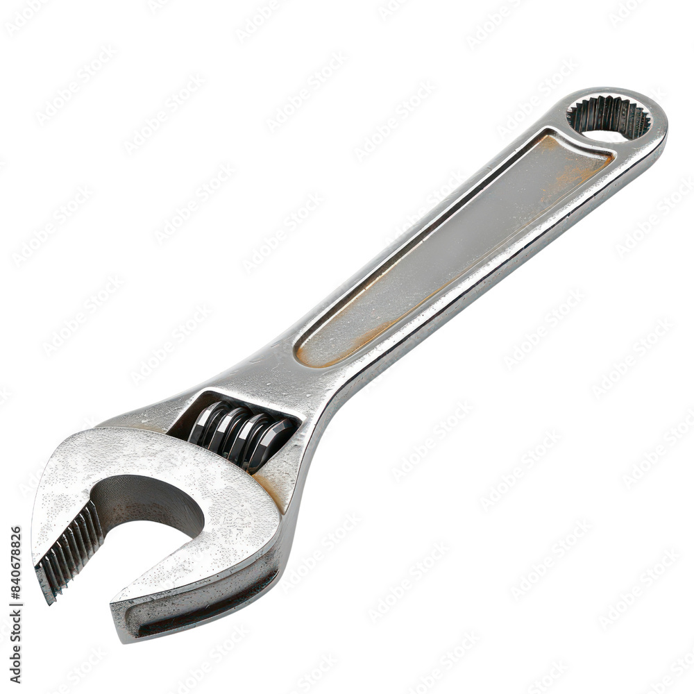 High-quality adjustable metal wrench with chrome finish, ideal for various repair and construction tasks. Isolated on white background. High-quality adjustable metal wrench with chrome finish, ideal for various repair and construction tasks. Isolated on white background.