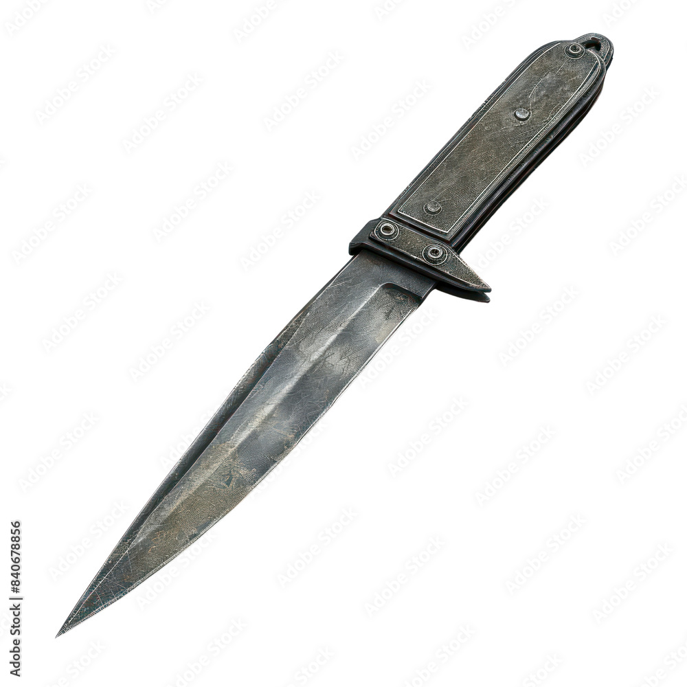 High-quality close-up of an antique knife with a wooden handle and a sharp pointed blade isolated on a white background. High-quality close-up of an antique knife with a wooden handle and a sharp pointed blade isolated on a white background.