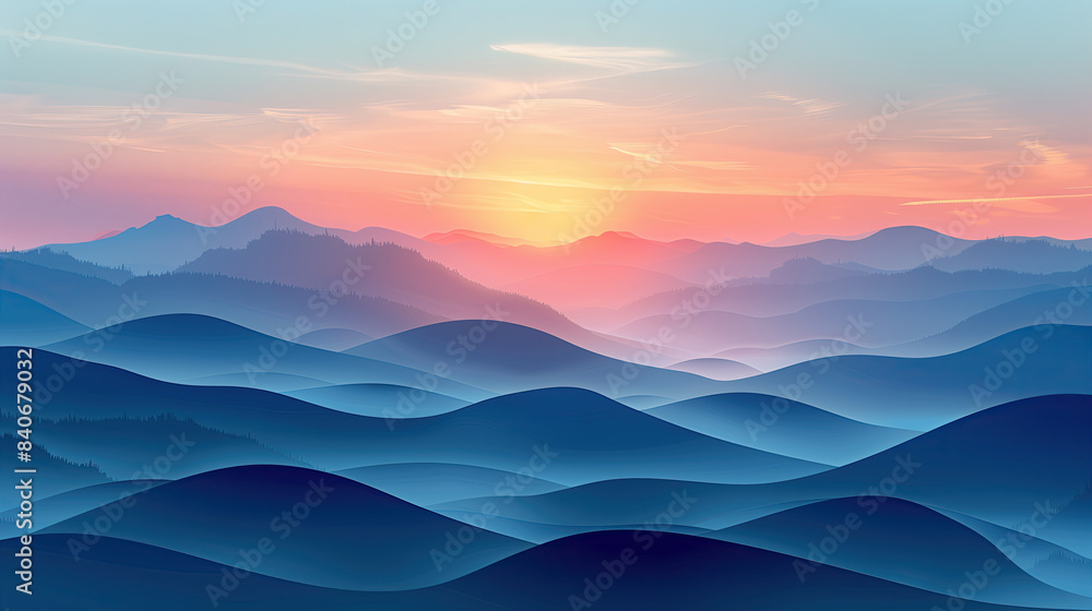 The sun is setting behind a range of mountains, casting a warm glow over the landscape