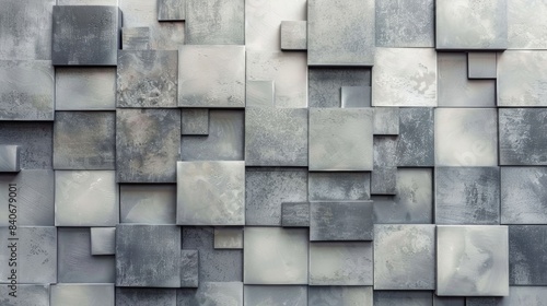 A delicate and intricate pattern of overlapping squares in various shades of grey from light dove to dark charcoal adorns this matte ceramic tile