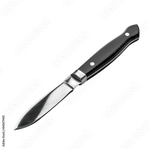 High-quality stainless steel knife with a sleek black handle, ideal for kitchen use or outdoor activities, isolated on a white background.