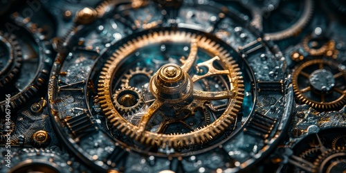 A macro photograph of a complex clock mechanism with intricate gears and cogs