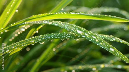 A blade of grass its slender shape enhanced by droplets of dew that cling to its surface like a string of pearls
