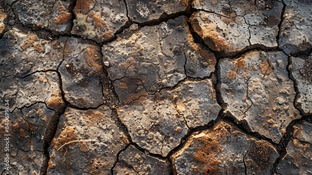 Fototapeta premium A closeup of old weathered asphalt with a mix of faded brown and grey tones resembling a desert landscape
