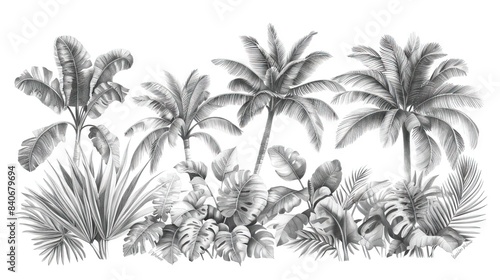 Seamless Border Hand Drawn Black and White Lithography Illustration Retro Style Design. Tropical wallapaper. AI generated illustration