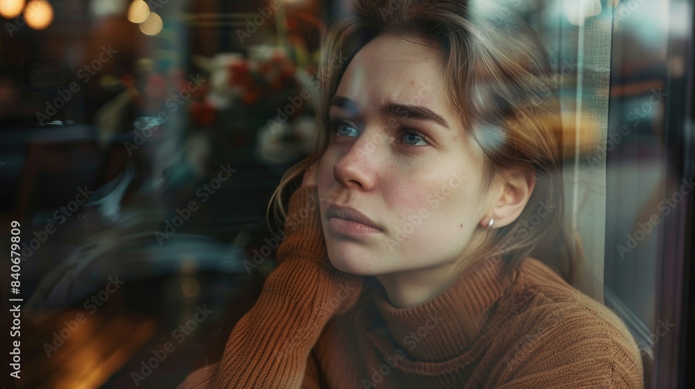 A woman looks out the window of a busy restaurant, perhaps waiting for someone or enjoying the view A woman looks out the window of a busy restaurant, perhaps waiting for someone or enjoying the view