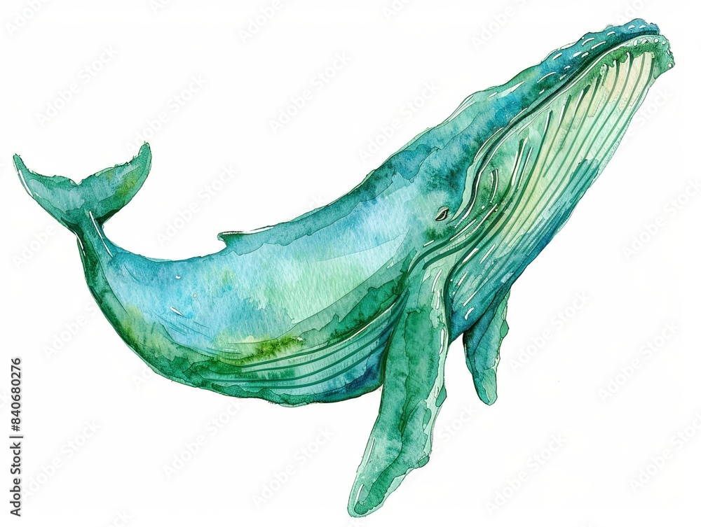 Watercolor illustration of a whale isolated on a white background. The ...
