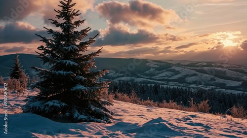 A single tree stands isolated in the snow-covered mountain landscape