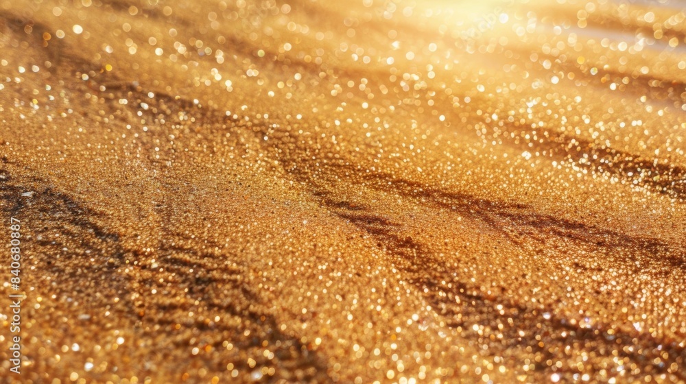 The suns rays illuminate the small ridges and valleys of this gritty beach sand giving it an almost glittering appearance