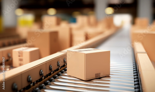 Cardboard boxes moving on a conveyor belt in a warehouse center. Delivery and logistics automation concept