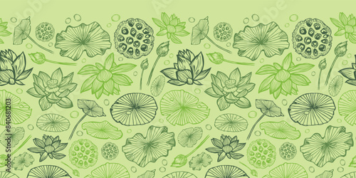 Vector waterlilies or lotuses green monochrome seamless background and detailed lily pads horizontal border. Great for oriental invitation cards design.