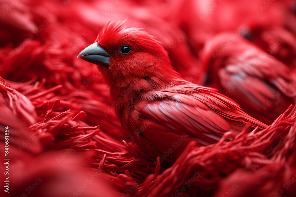 Fototapeta premium A photorealistic image of a red cardinal bird nestled among bright red, feather-like textures