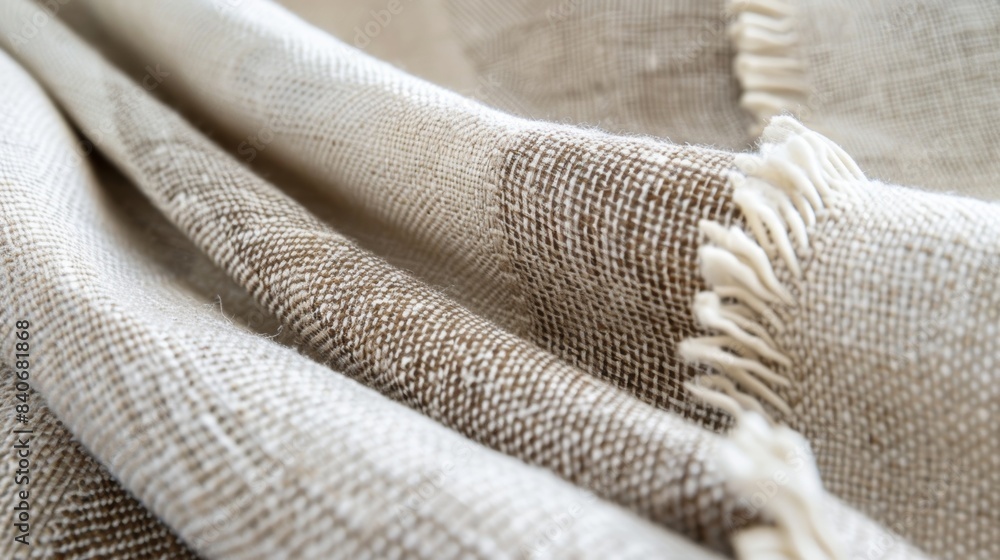 A detailed closeup of a heavy linen fabric with a prominent woven border design in a contrasting color adding depth and interest to the otherwise plain texture A detailed closeup of a heavy linen fabric with a prominent woven border design in a contrasting color adding depth and interest to the otherwise plain texture