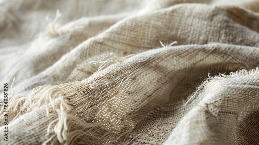 An upclose photograph of a piece of linen with a natural unprocessed finish showcasing its raw undyed texture with bits of frayed edges and loose threads An upclose photograph of a piece of linen with a natural unprocessed finish showcasing its raw undyed texture with bits of frayed edges and loose threads