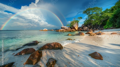 High-resolution HDR wide-angle photograph of a rainbow over the white sandy beach of Song Khaan Island, Thailand, featuring exotic landscape, blue sky, and tropical paradise with stunning details. photo