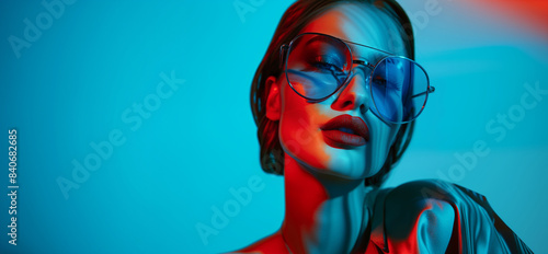 A model in aviator sunglasses under a cool blue monochromatic light photo