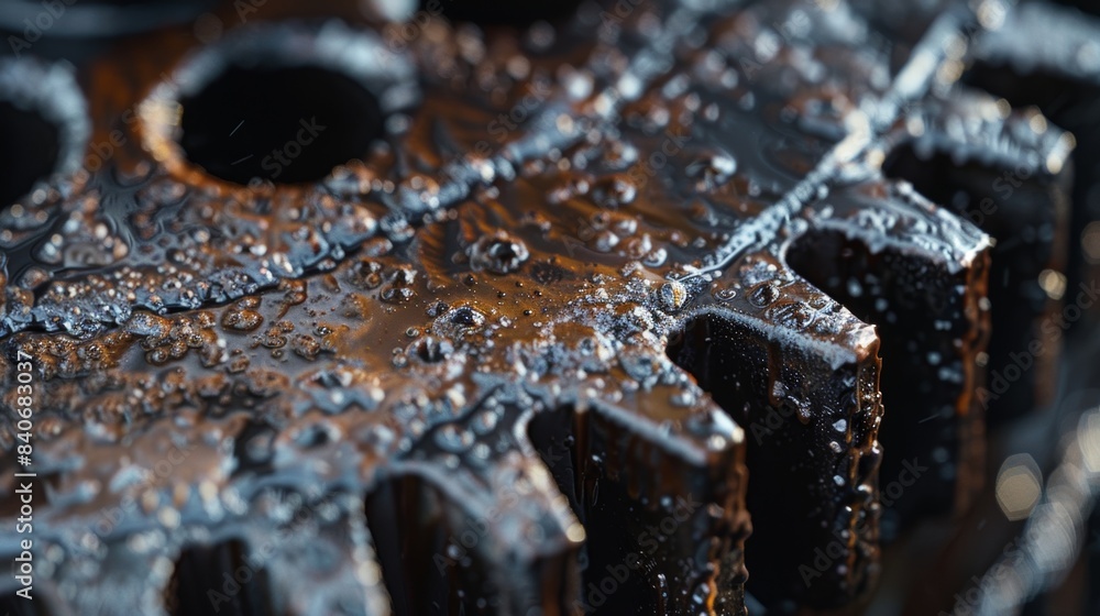 A closeup of a metal cog wheel reveals a dirty and slick texture with a film of oil coating its surface. The ridges of the gear can be seen through the greasy sheen A closeup of a metal cog wheel reveals a dirty and slick texture with a film of oil coating its surface. The ridges of the gear can be seen through the greasy sheen