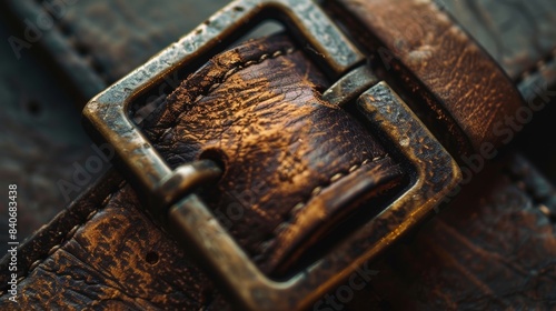 The buckle of the leather belt is noticeably tarnished and scratched a result of the constant motion of being pulled and clicked into place photo