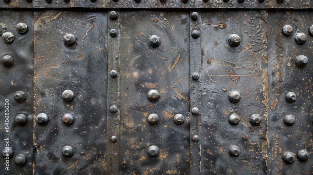 Fototapeta premium A detailed shot of rough industrial steel plates riveted together to create a strong bold texture. Every rivet seems to tell a story of its own