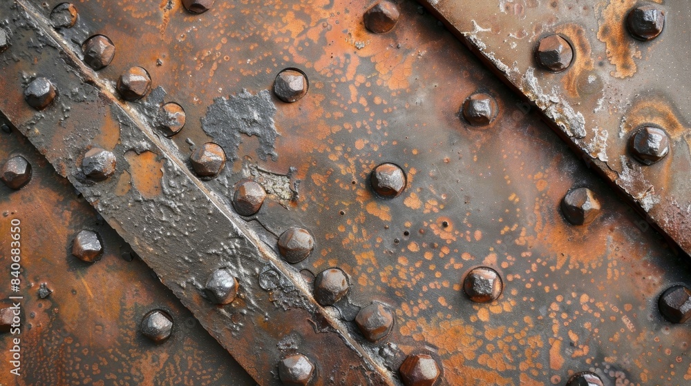 The contrast of smooth and slightly rusted steel plates joined together by large industrialgrade rivets creating a textured surface that is both strong and visually interesting The contrast of smooth and slightly rusted steel plates joined together by large industrialgrade rivets creating a textured surface that is both strong and visually interesting