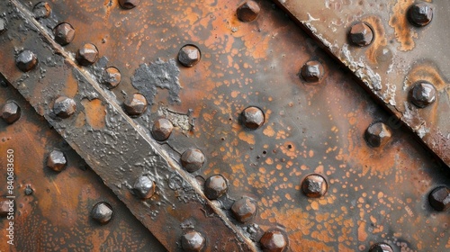 The contrast of smooth and slightly rusted steel plates joined together by large industrialgrade rivets creating a textured surface that is both strong and visually interesting