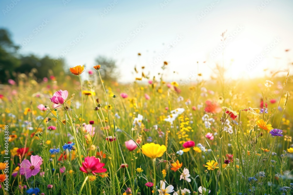 A field of wildflowers with the sun setting in the background, perfect for use in images about nature, landscapes, or photography