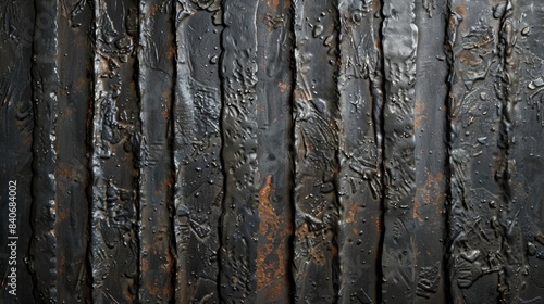 A heavily textured embossed metal panel with irregular patterns and deep grooves giving it a rugged and industrial appearance