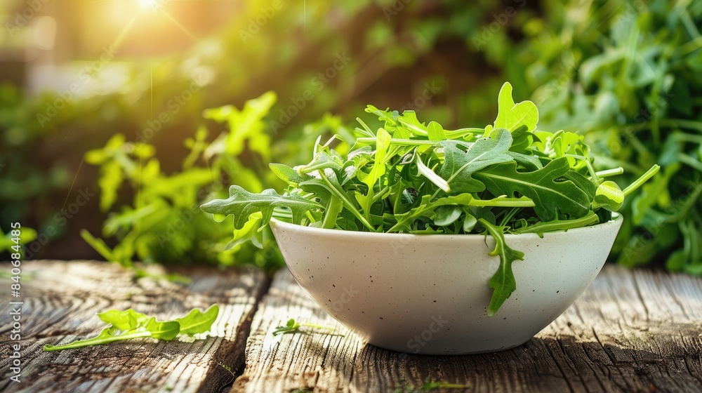 arugula in a white bowl on a wooden table. Selective focus arugula in a white bowl on a wooden table. Selective focus