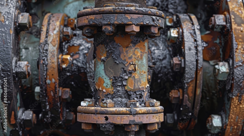 A corroded and chipped industrial valve revealing layers of black silver and copper colors underneath A corroded and chipped industrial valve revealing layers of black silver and copper colors underneath