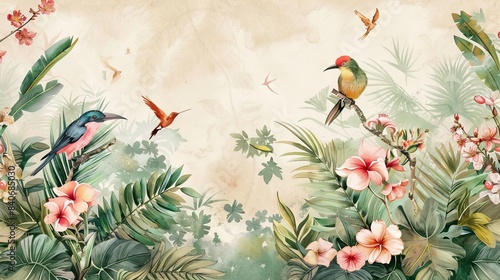 Tropical wallpaper design with paper texture background. Illustration with tropical leaves  flowers and hummingbird. Seamless texture. AI generated illustration