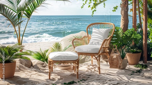 High-resolution closeup of a rattan lounge chair and footstool with white cushions on a beach near an outdoor wooden pavilion  surrounded by potted plants and a tropical sea view