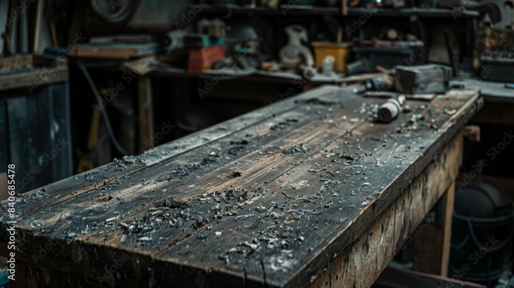 The workbench in the fourth image is covered in layers of dust and grime making its wooden surface appear rough and neglected The workbench in the fourth image is covered in layers of dust and grime making its wooden surface appear rough and neglected