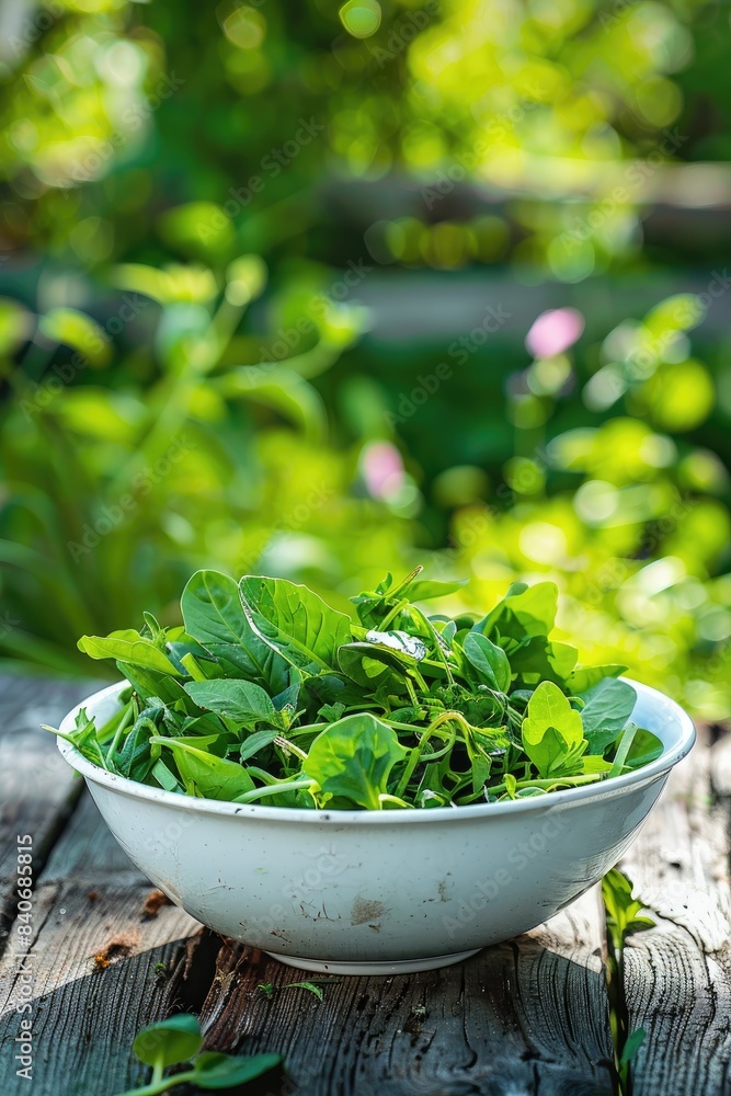 spinach in a white bowl on a wooden table. Selective focus spinach in a white bowl on a wooden table. Selective focus