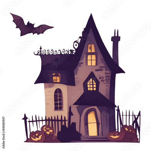 Watercolor illustration of a spooky haunted House with glowing windows, carved pumpkins, and a bat flying over. Drawing of dark building for Halloween celebration photo