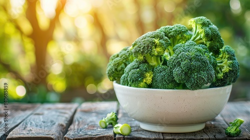broccoli in a white bowl on a wooden table. Selective focus