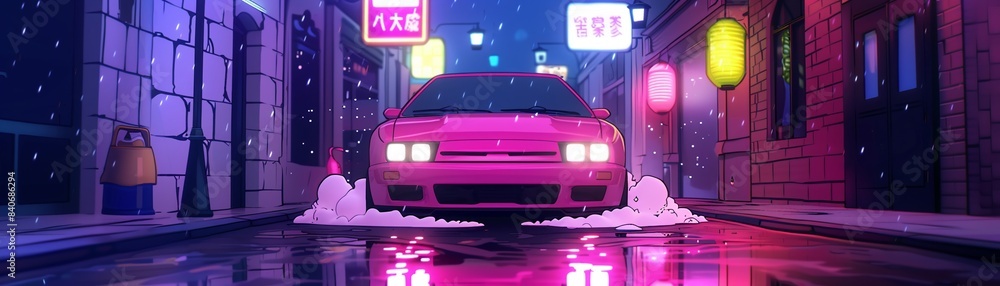 Car in wash bay, cyberpunk, high detail, colorful neon lights, water and foam, low light