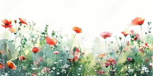Watercolor Field of Wildflowers. Botanical Nature Illustration for Spring Greeting Cards, Prints, Posters. photo