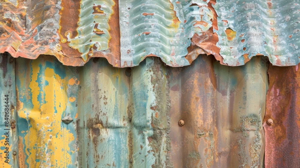 A section of weathered metal panels their once uniform shapes now warped and dented from years of wind and rain A section of weathered metal panels their once uniform shapes now warped and dented from years of wind and rain