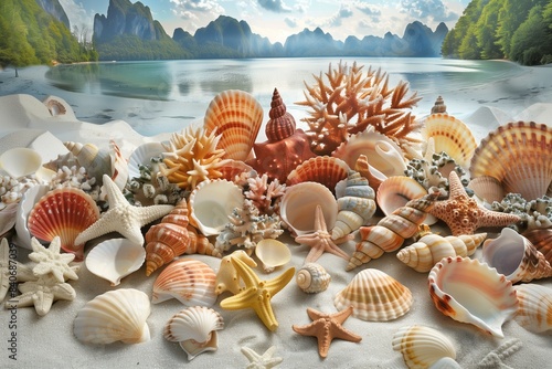 A captivating sea-themed banner featuring a variety of beautifully colored shells, delicate corals, and starfish arranged artfully on pure white sand with beautiful lake.  photo