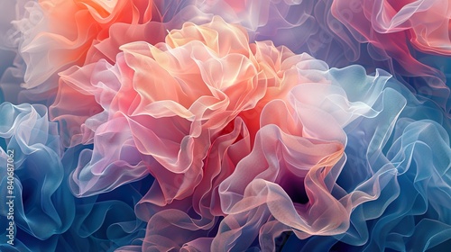 An abstract digital artwork with layers of translucent coral shapes, creating a sense of depth and dimension.