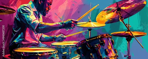 Jazz drummers hands on drum kit flat design side view with a rhythm theme watercolor Complementary Color Scheme photo