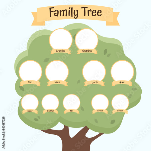 Family tree with frames for pictures of three generation. Grandparents, parents, uncle, aunt,children.My family card template, vector illustrationVector illustration