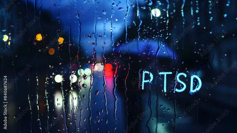 Obraz premium an abbreviation PTSD - post traumatic stress disorder - handwritten on wet glass of night window