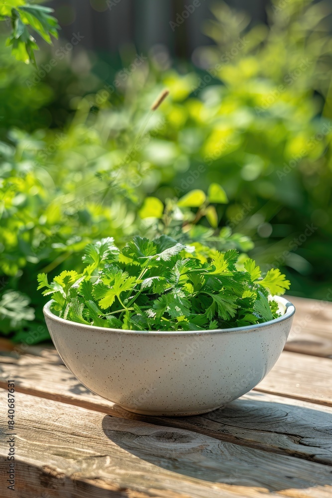 fresh cilantro in a white bowl on a wooden table. Selective focus fresh cilantro in a white bowl on a wooden table. Selective focus