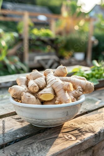 ginger in a white bowl on a wooden table. Selective focus